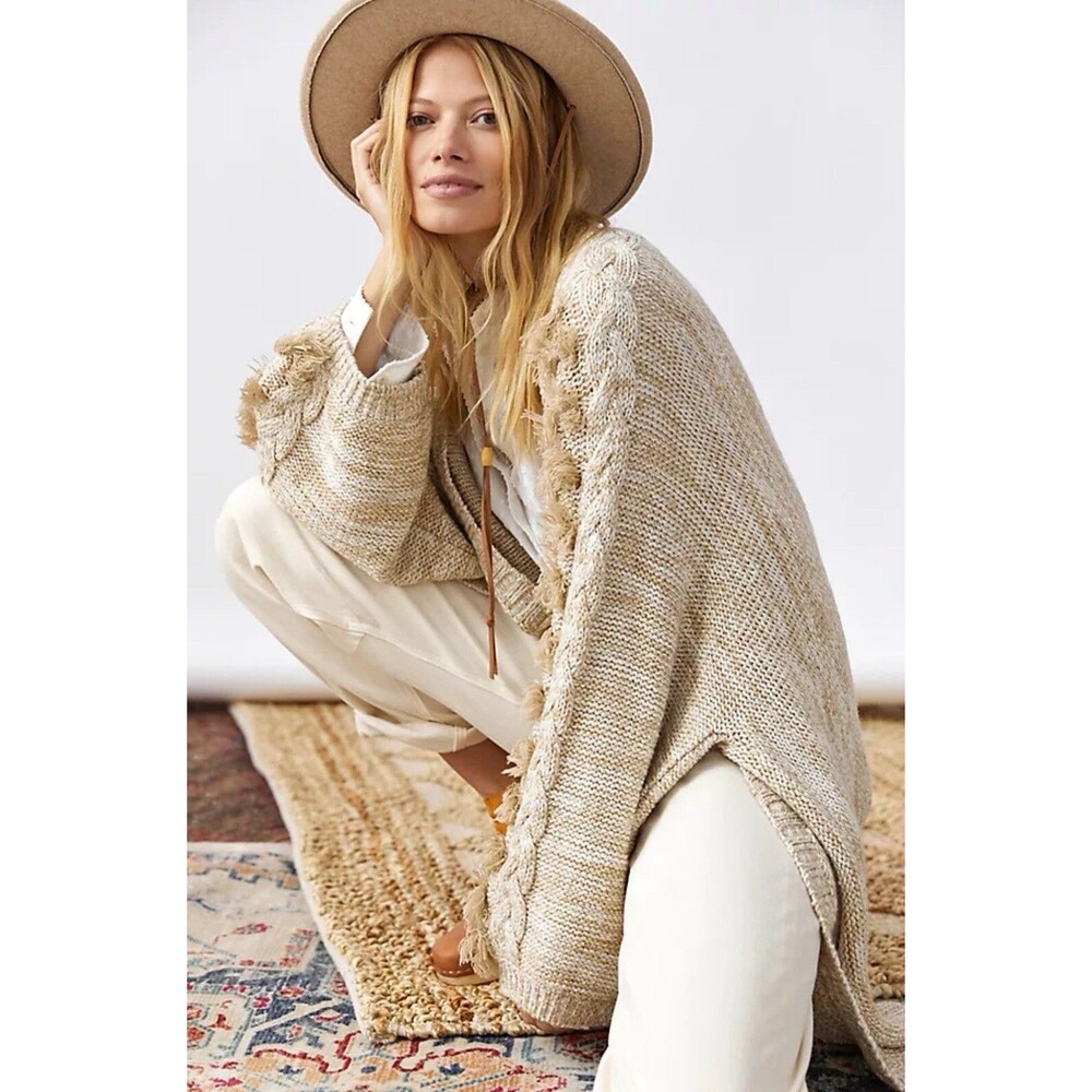 Anthropologie Cardigan Women Brown Braided Sleeve Preppy Boho Sweater Sz OZ New